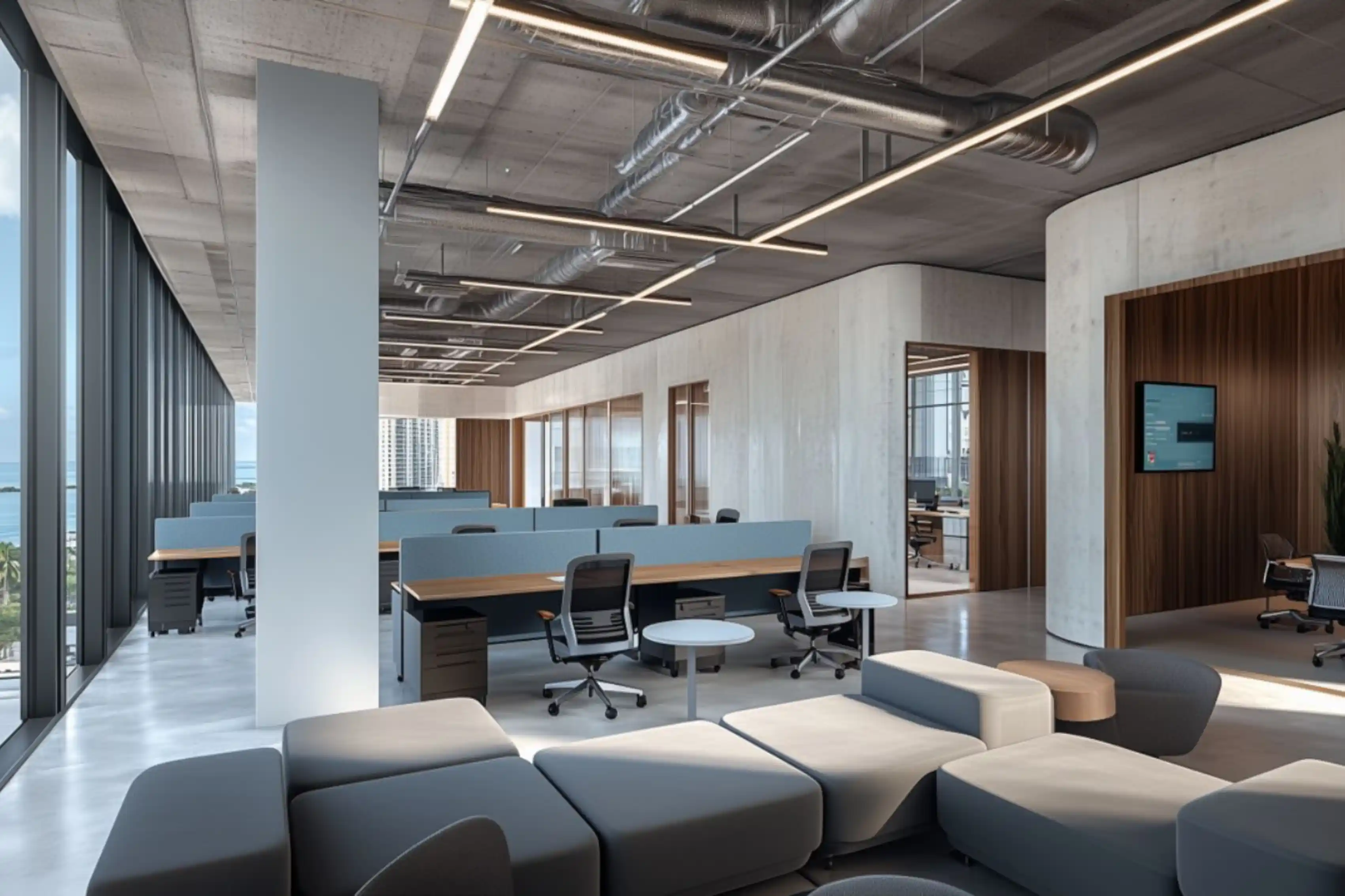 Claure Corporate Project - Collaborative open office area with modular sofas and exposed ceiling - Ai Spaces.webp
